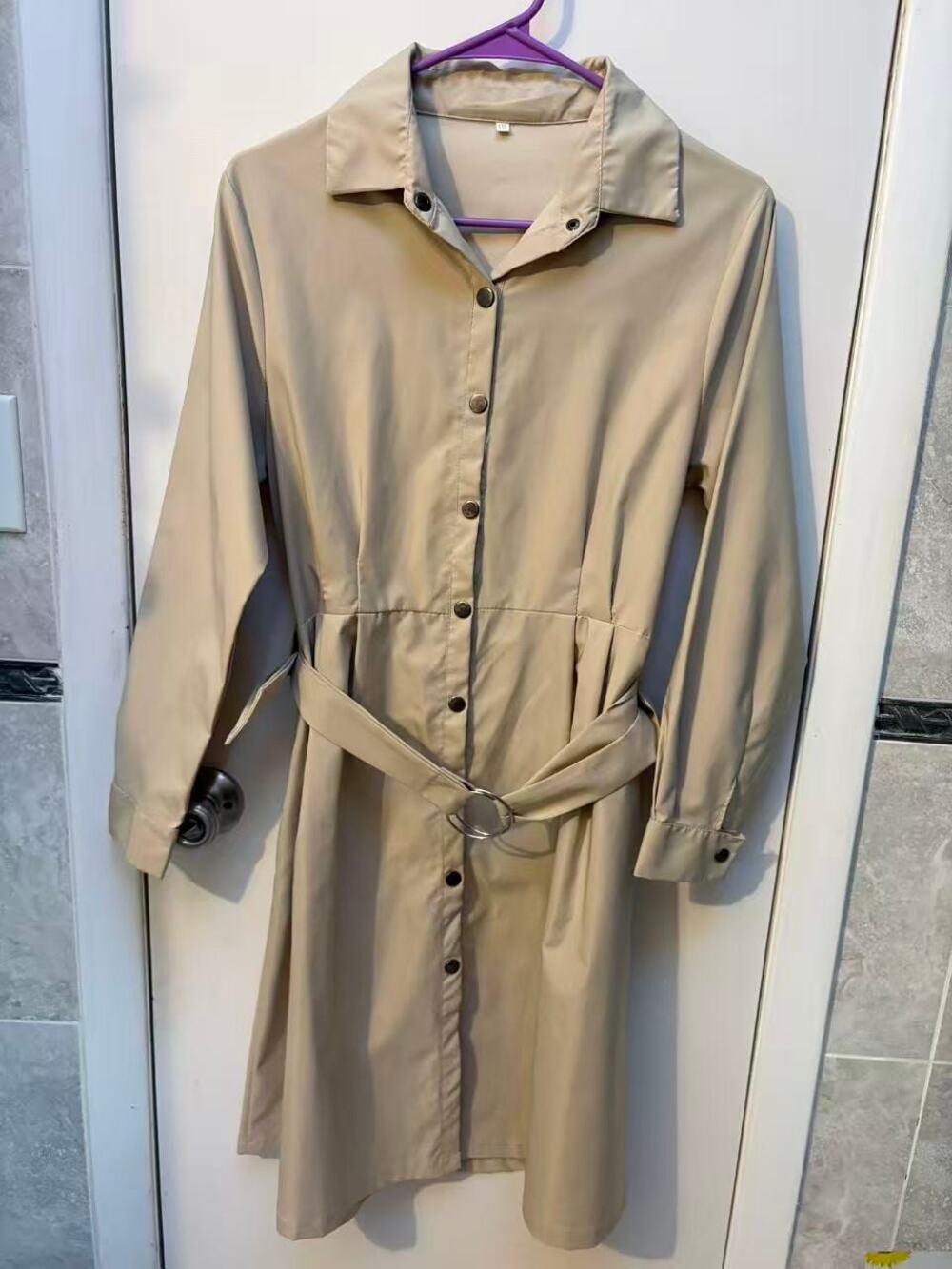 Women’s Khaki Shirt Dress Single Breasted Utility Trench Coat Dress Belt Size S